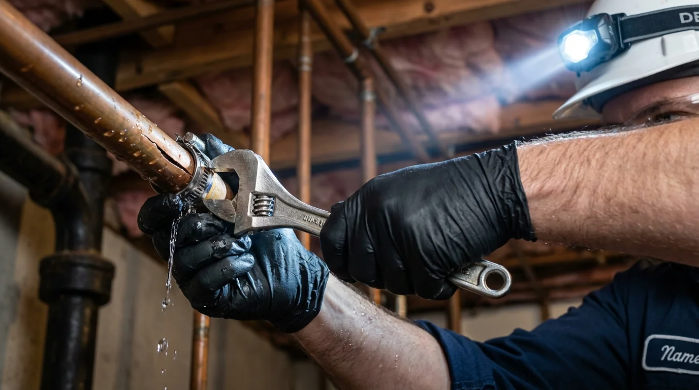 Emergency pipe clamp repair being performed by a Johns Plumbing LLC plumber in Clayton