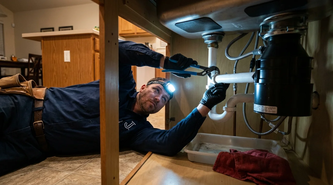 P-trap and supply line connections under a kitchen sink showing a common leak point in Clayton, OH